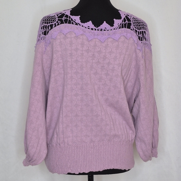 Free People Lavender Love Lace Crochet Peasant Sweater Top Shirred Waist- Size M - Picture 8 of 14